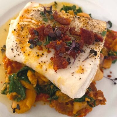 Cod with chorizo & romesco