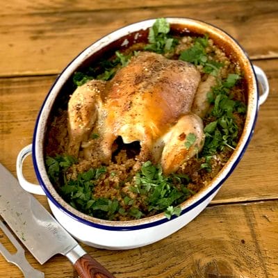 Pot-roast chicken with couscous and bulger wheat