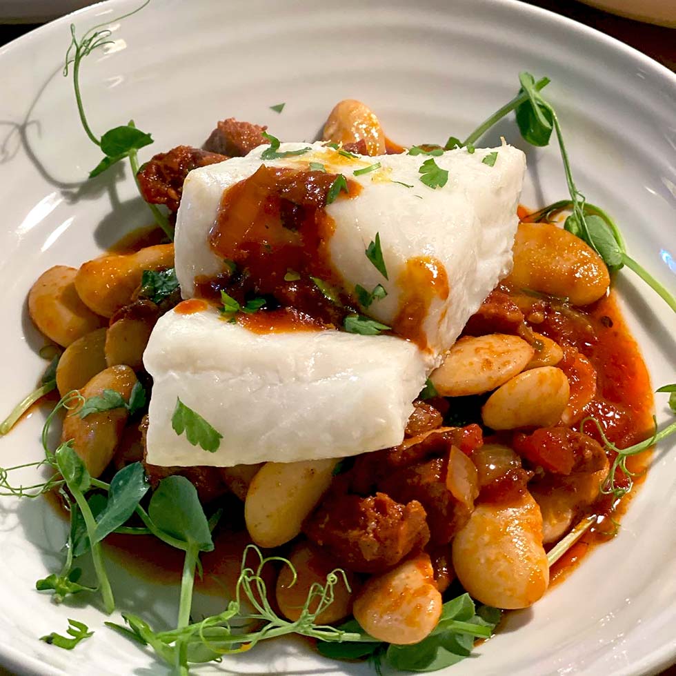 Cod with butter beans and chorizo