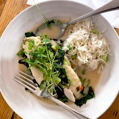 Poached cod in Thai green curry broth