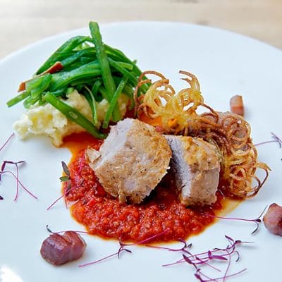 Roast pork with red pepper relish