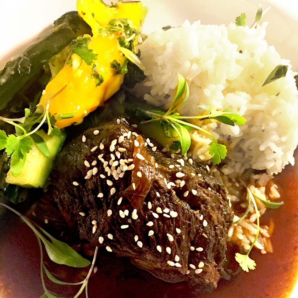Sweet soy beef cheeks with cucumber and herb salsa