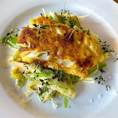 Curried cod with leek noodles