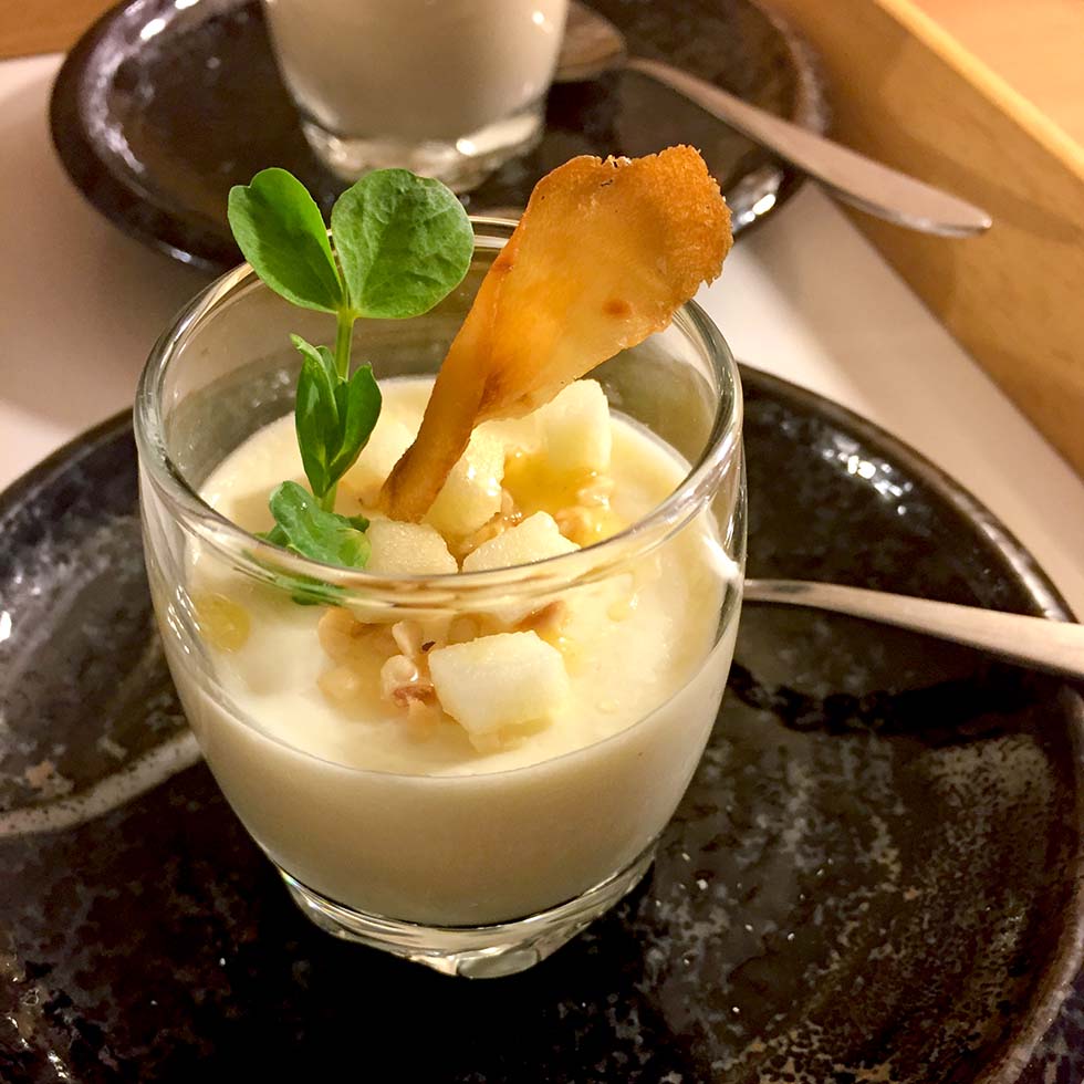 Parsnip panna cotta with parsnip crisps and apple