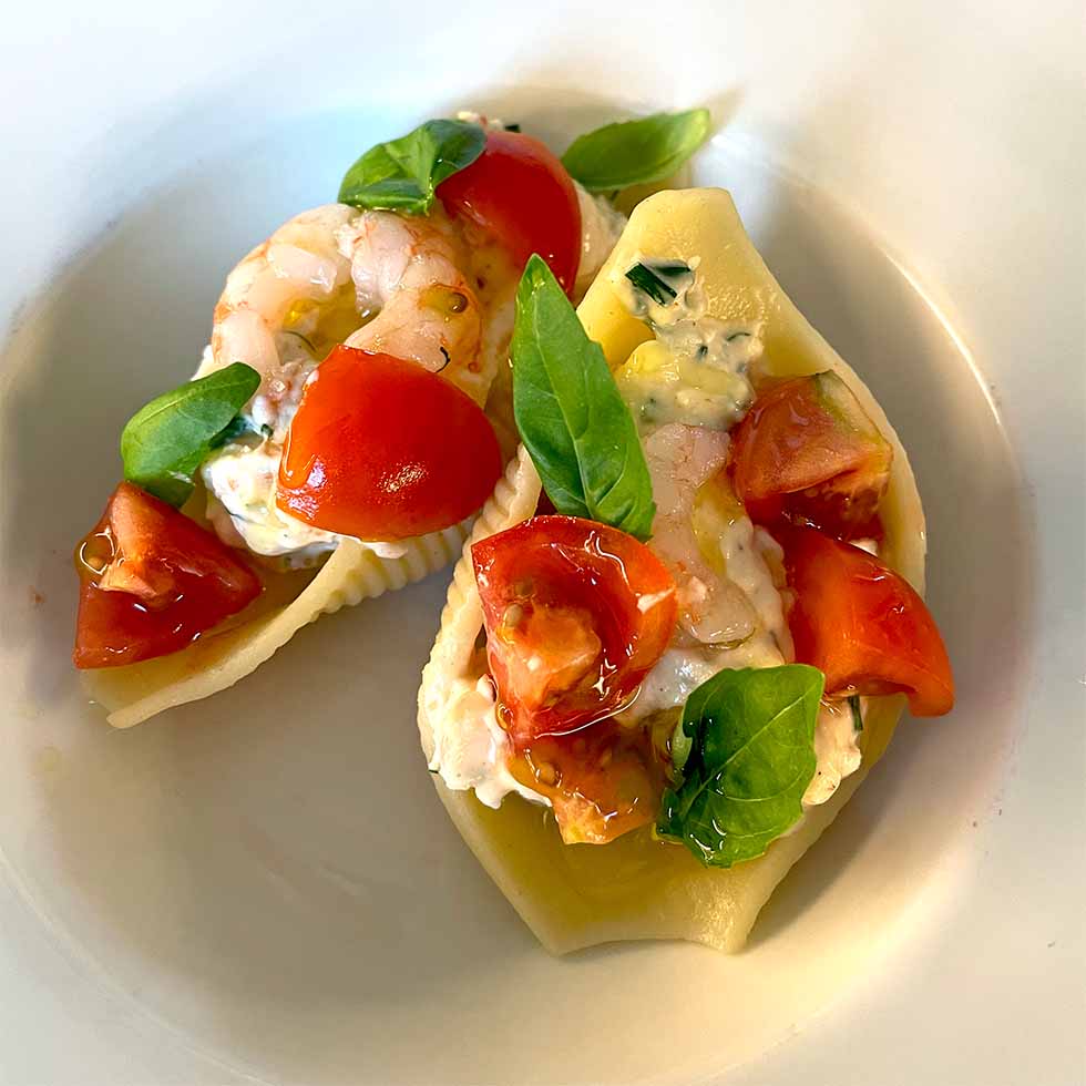 Ricotta and prawn stuffed conchiglioni