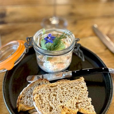 Salmon rillettes with fine herb bavarois served