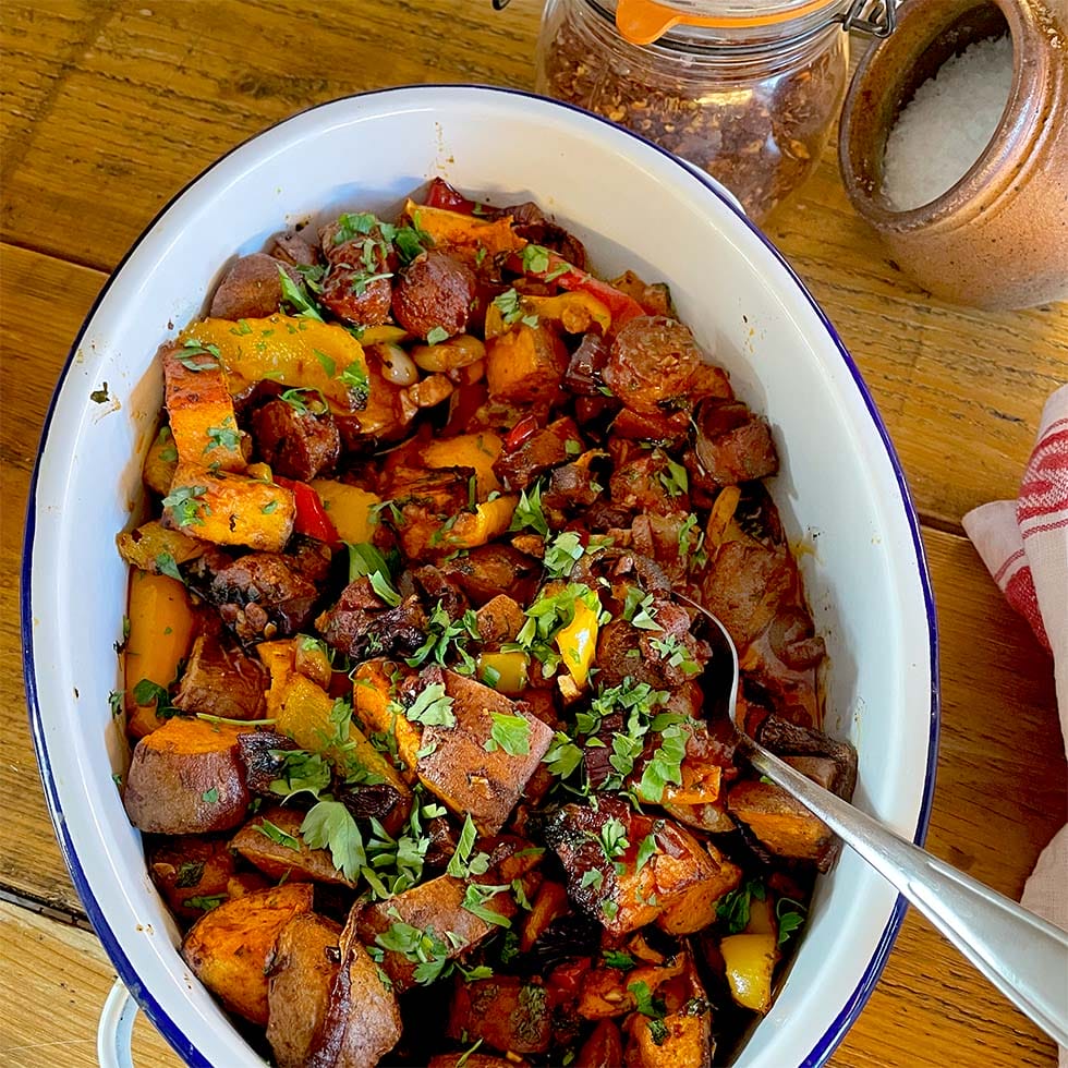 Sweet potato, peppers and chorizo bake