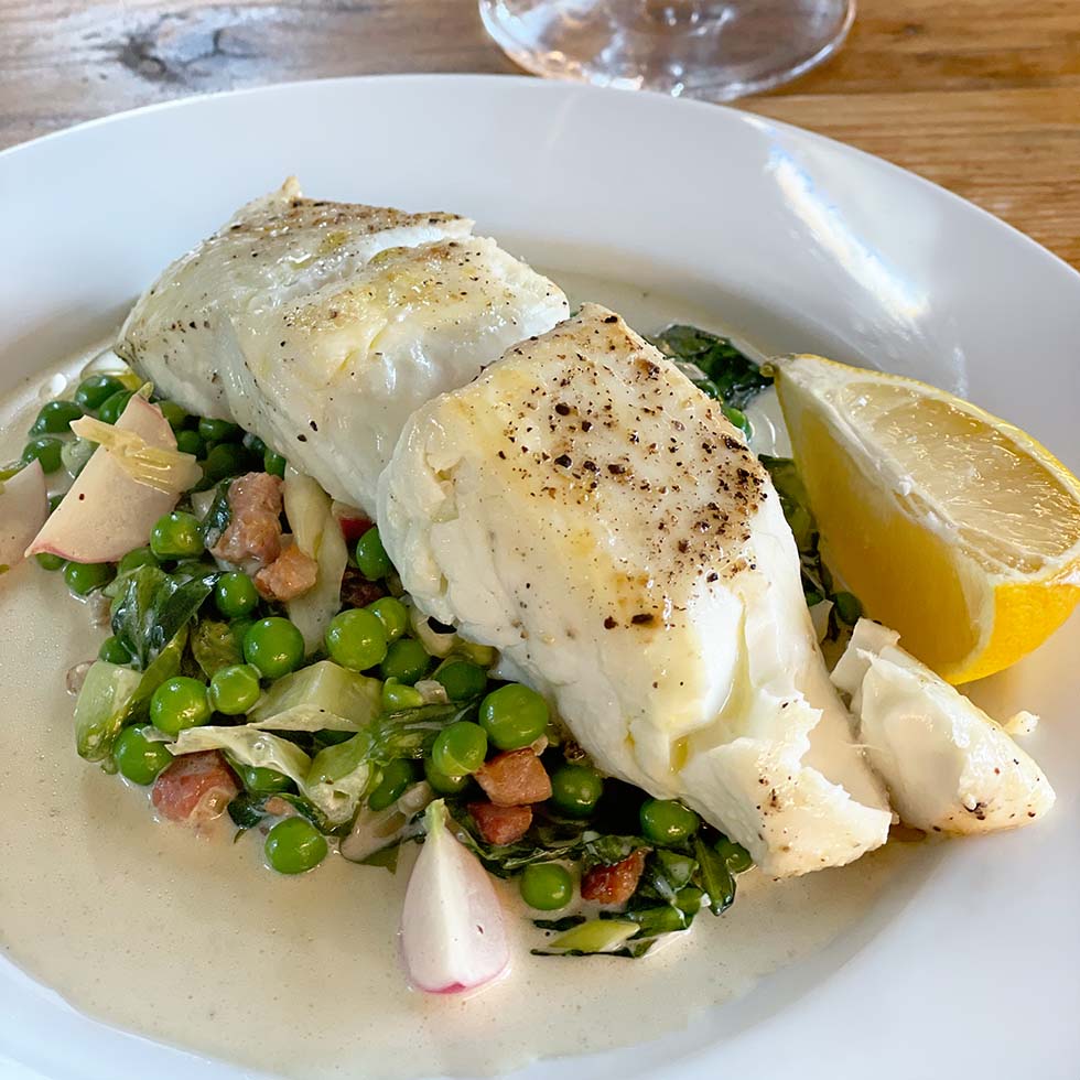 Halibut with pancetta peas and lettuce