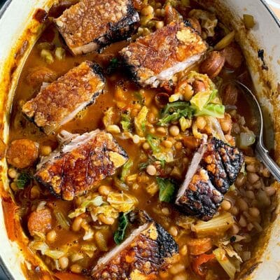Chorizo and bean stew with pork belly
