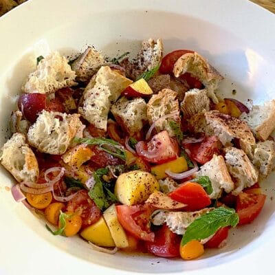 Peach and tomato panzanelle