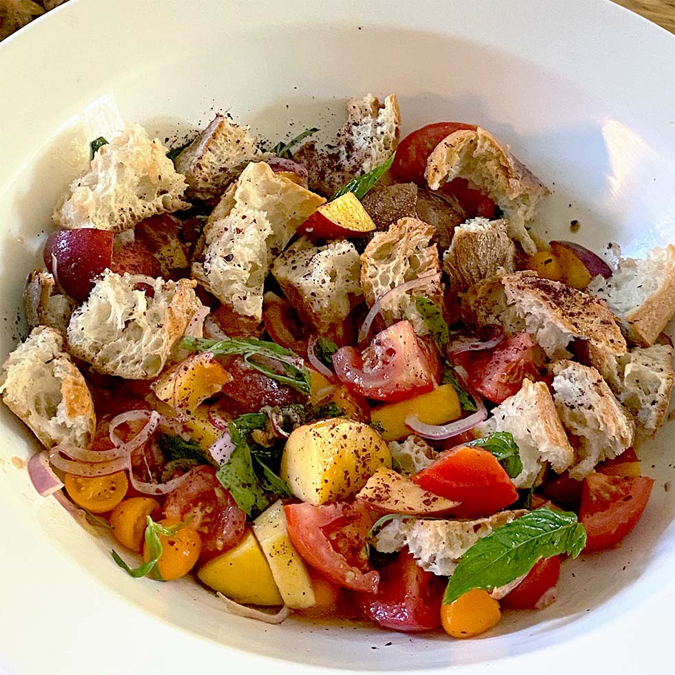 Peach and tomato panzanelle