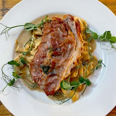 Pork saltimbocca with pappardelle and madeira sauce