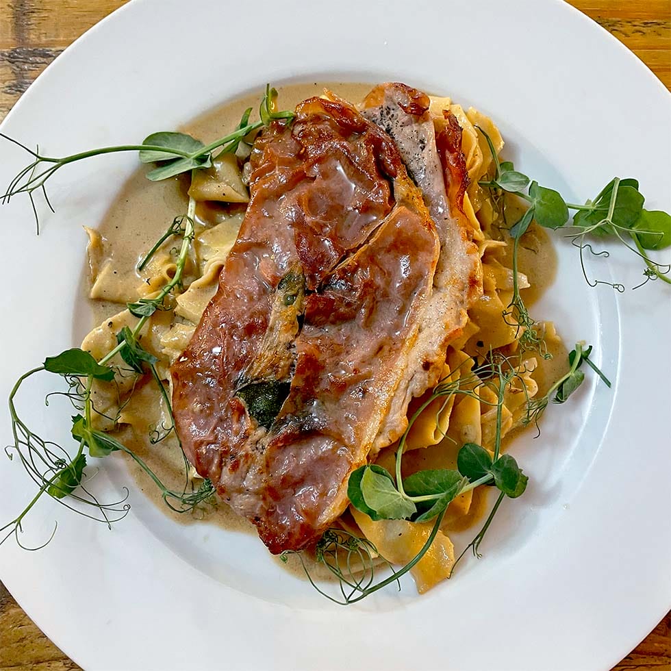 Pork saltimbocca with pappardelle and madeira sauce