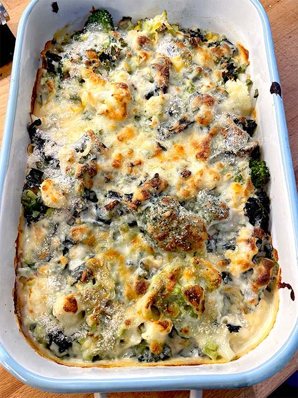 Broccoli and Cauliflower Cheese and Onion Bake served