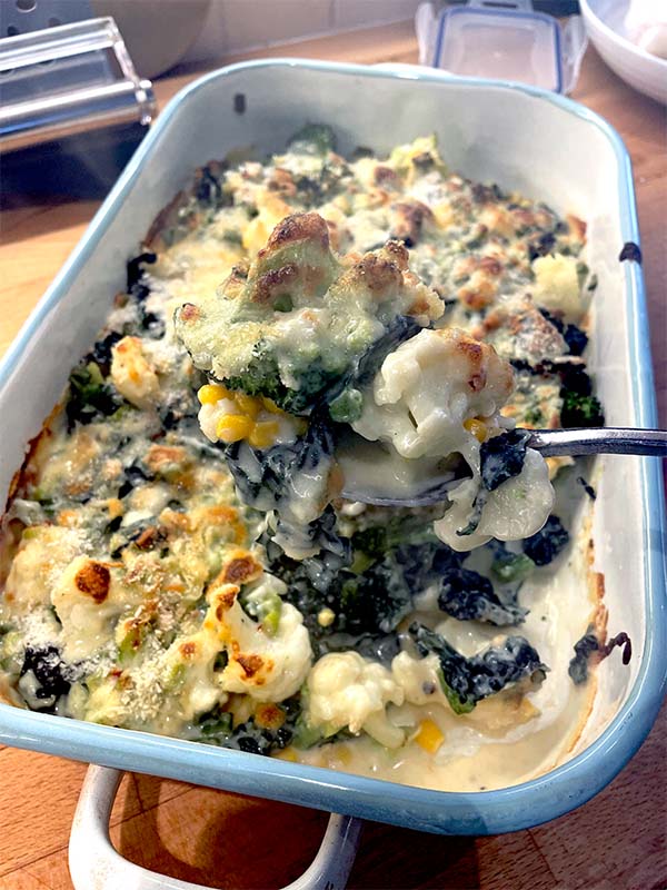 Broccoli and Cauliflower Cheese and Onion Bake served