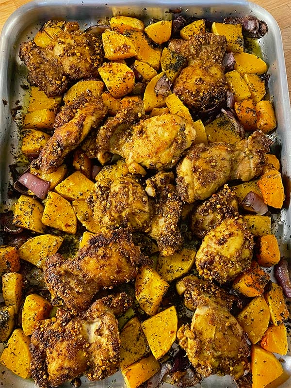 Combine cooked chicken and roasted butternut squash