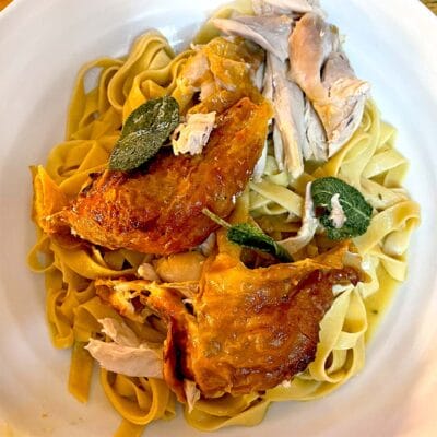 Roast chicken with sage and lemon pasta