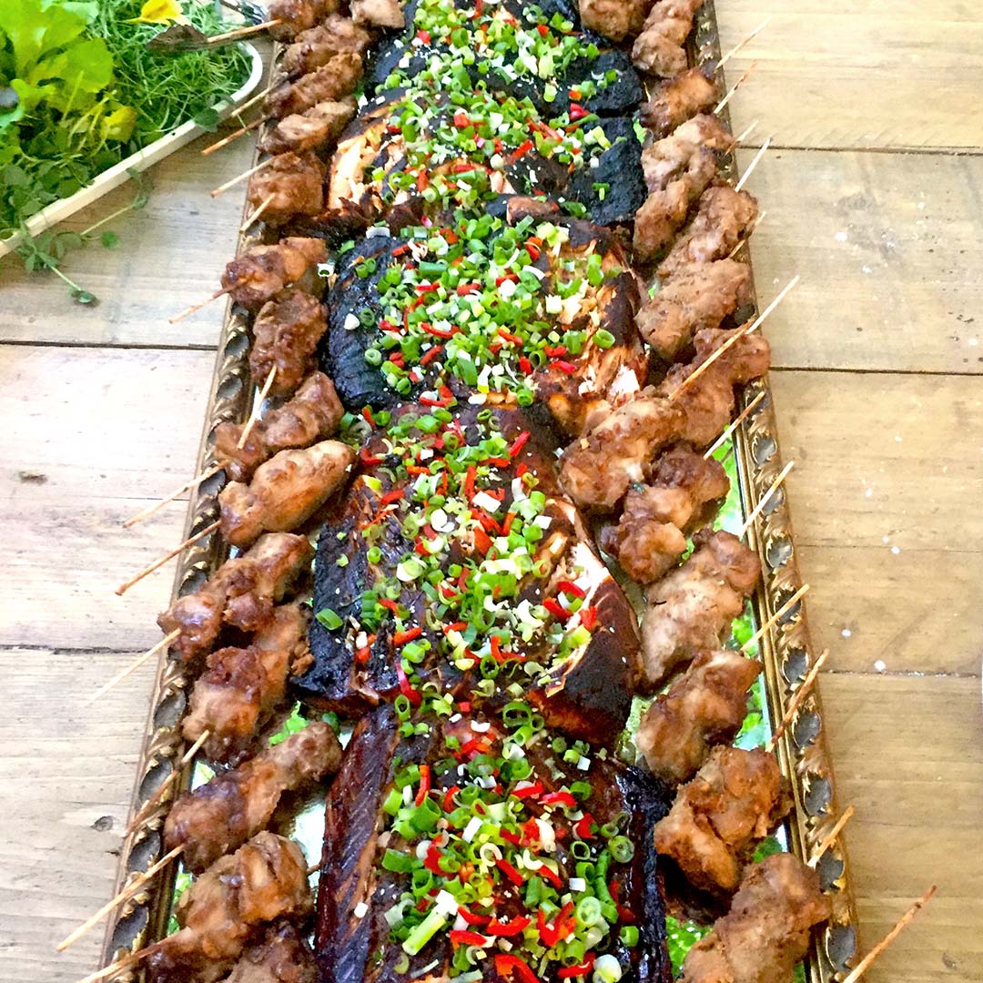 Simple chicken satay and Asian style salmon