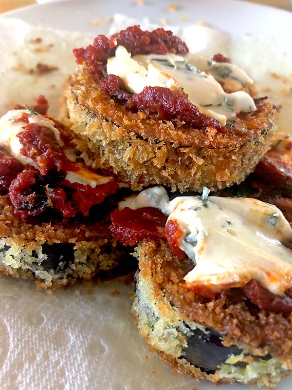 Crumbed aubergine served