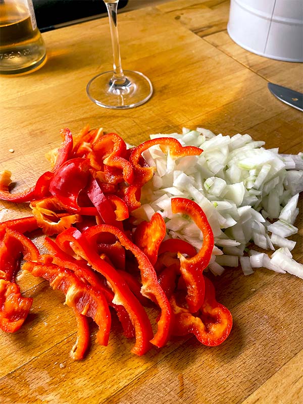 Red peppers and onions chopped