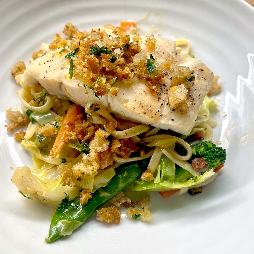 Cod with creamy veg and pasta