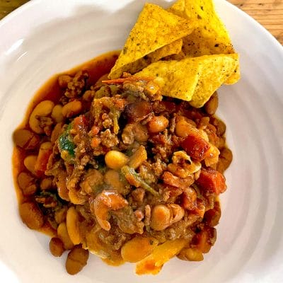 Cowboy beans served with tortilla chips
