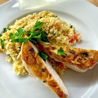 Pan cooked chicken breasts with cous cous