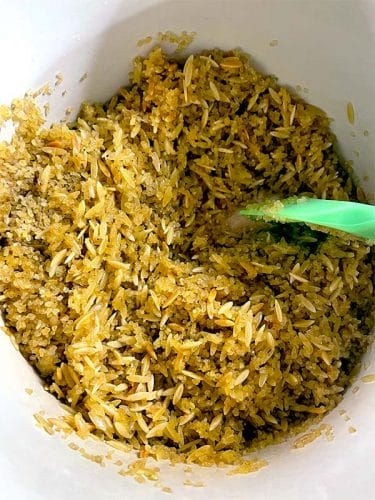 Stir orzo and bulgar wheat togetherStir orzo and bulgar wheat togetherStir orzo and bulgar wheat together