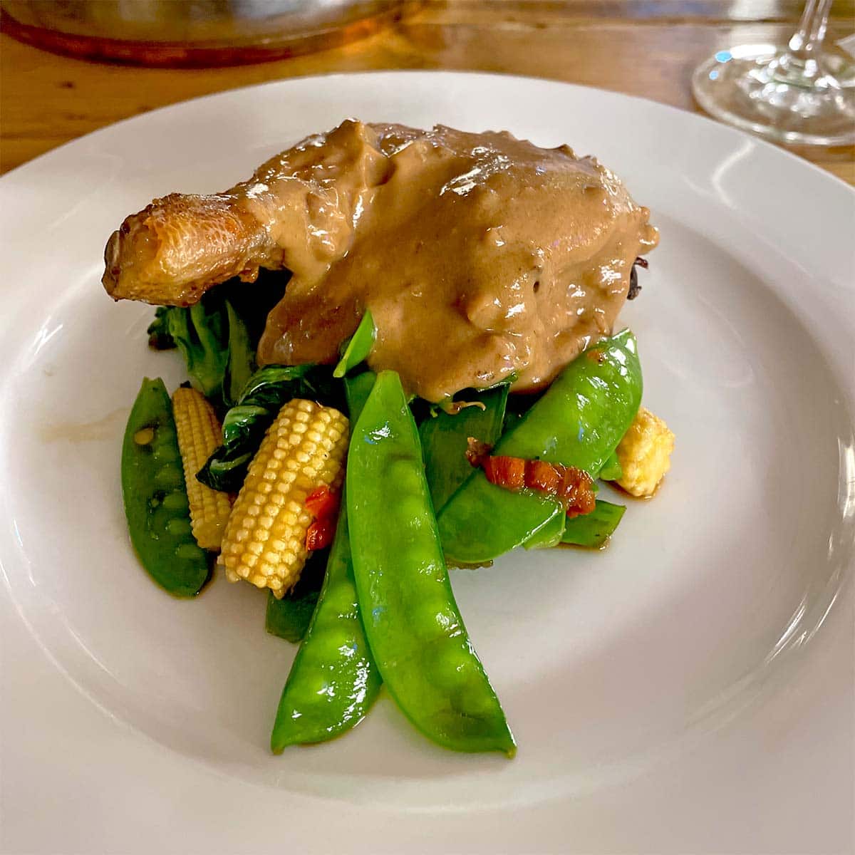 Satay chicken with steamed vegetables