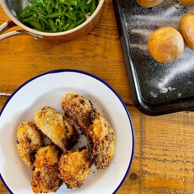 Crumbed chicken tray bake