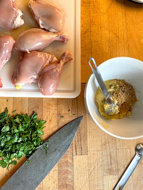 Ingredients for crumbed chicken tray bake