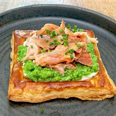 Confit Pea & Hot Smoked Salmon Tart