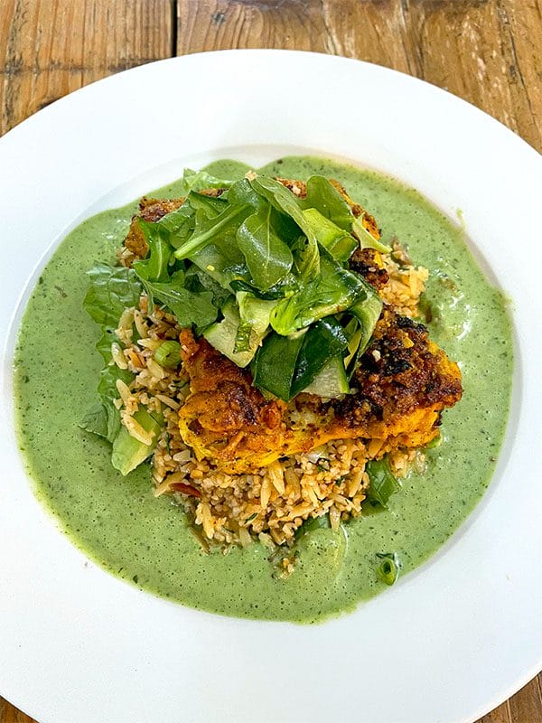 Watercress sauce served with grilled dukkah chicken