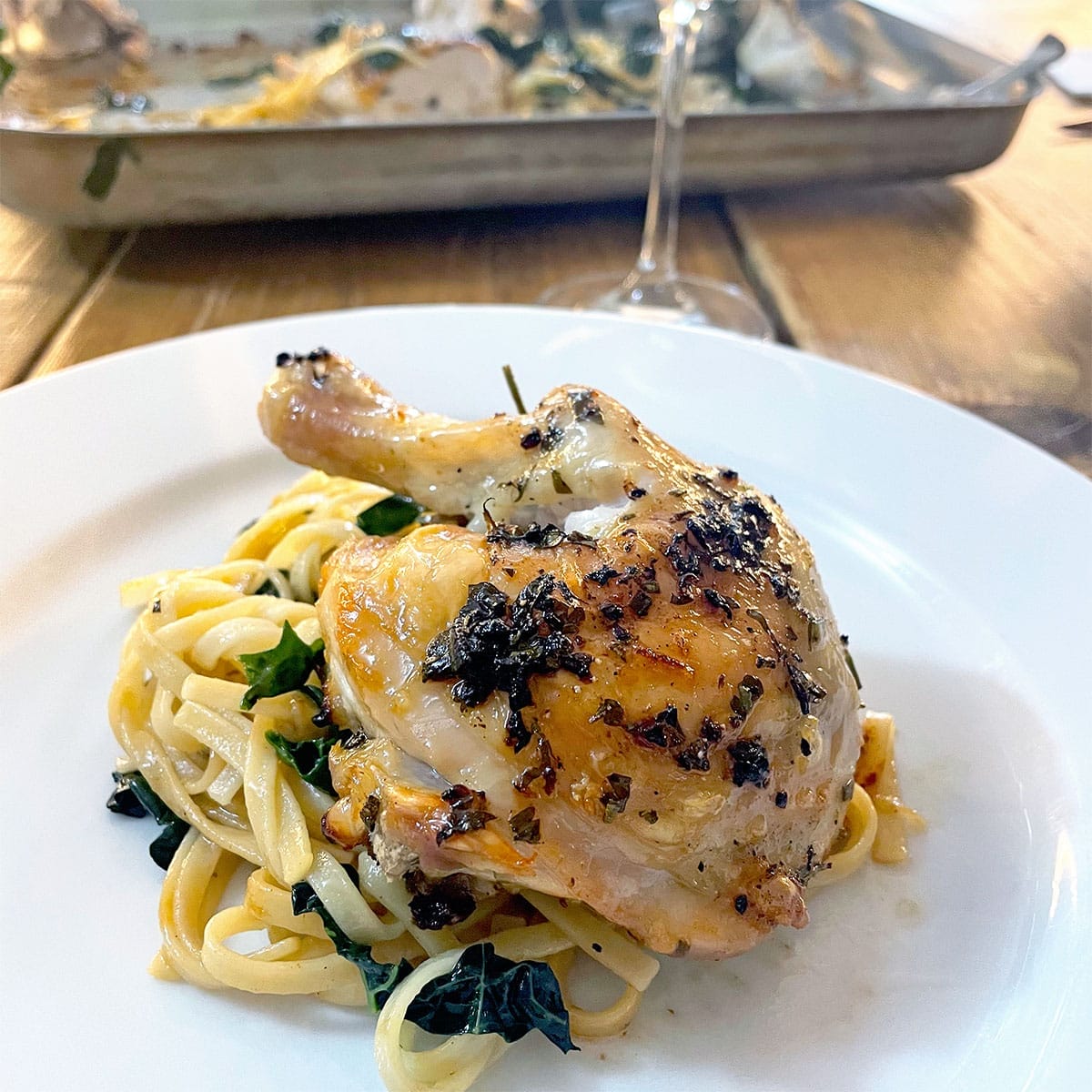 Herby roast chicken with kale pasta