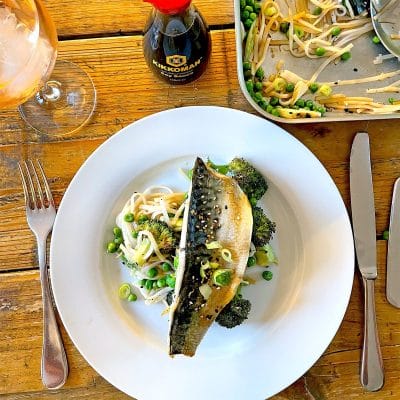 Mackerel and noodle salad traybake