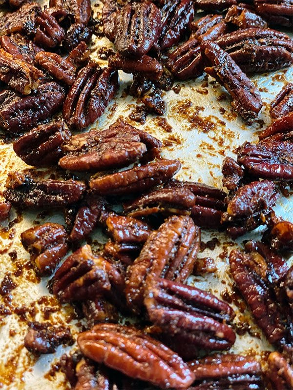 Maple and chilli roasted pecans cooked