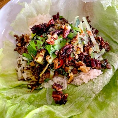 Thai style beef and rice stack