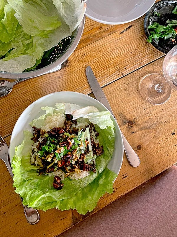 Thai style beef and rice stack served