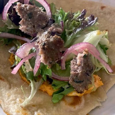 Lamb koftas with pickled red onion