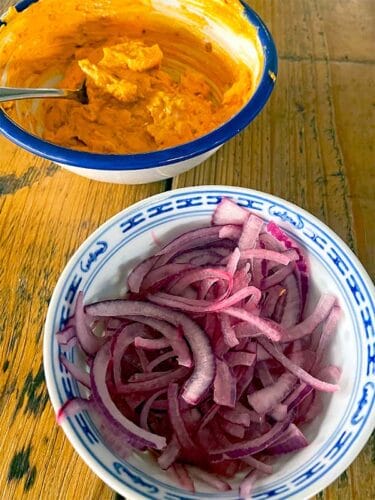 Pickled red onion and harissa yoghurt