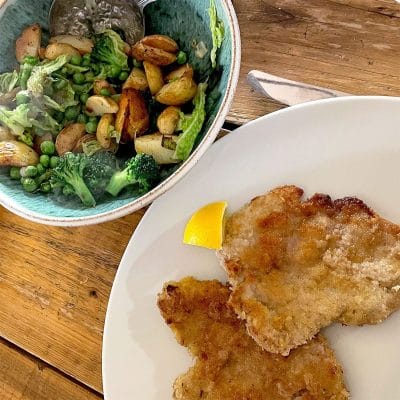 Pork schnitzle with sauté vegetables