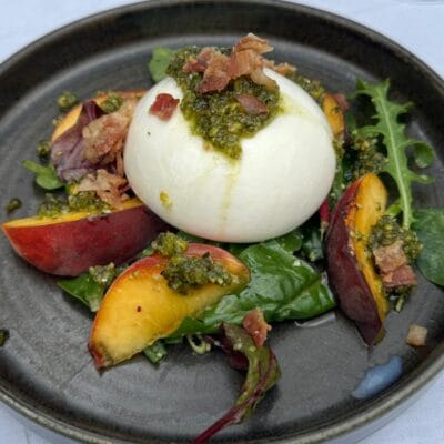 Burrata, Peach & Vegetable with Pistachio Pesto